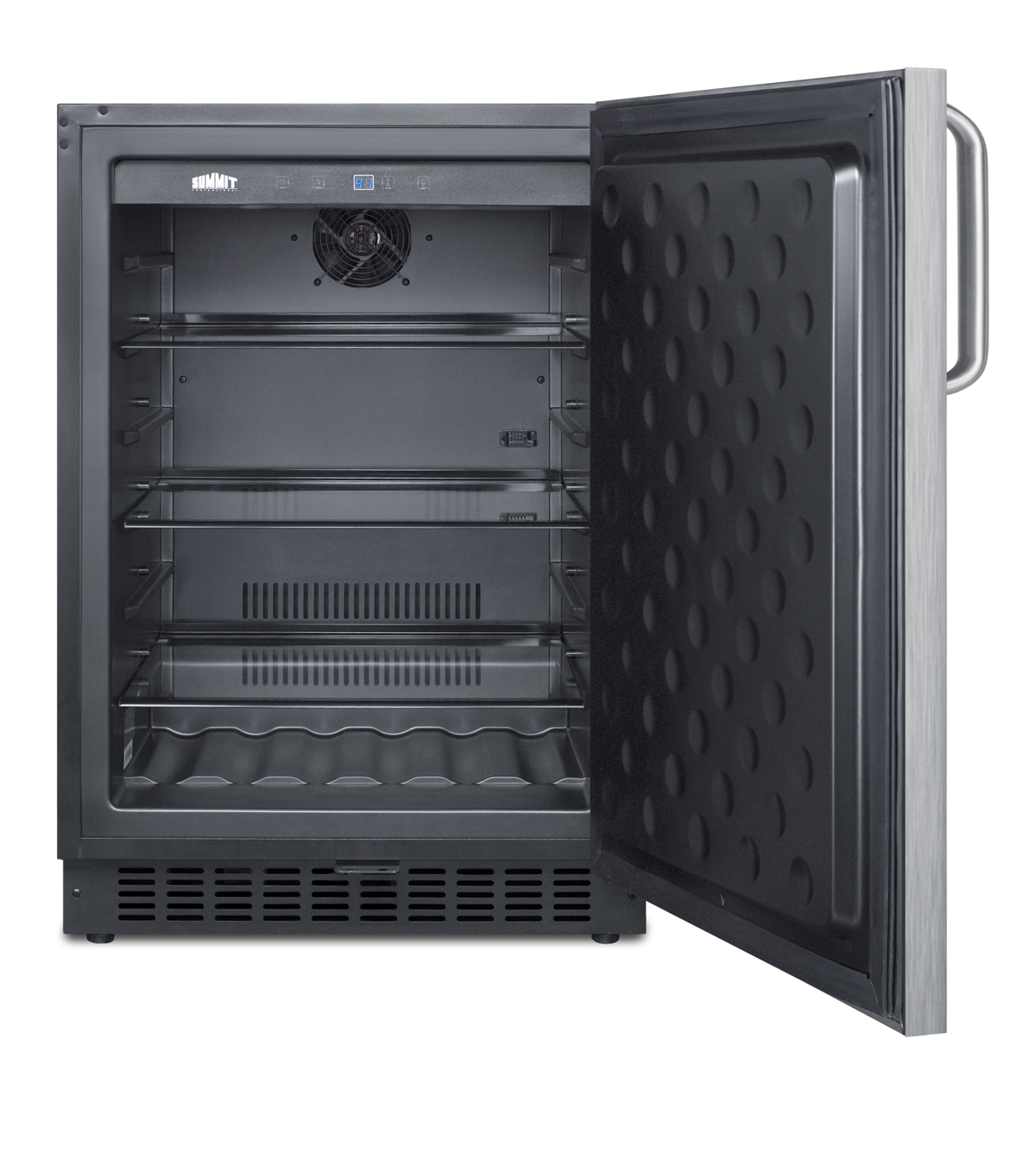 Outdoor all-refrigerator for built-in use, with lock, digital thermostat, towel bar handle, and stainless steel wrapped exterior